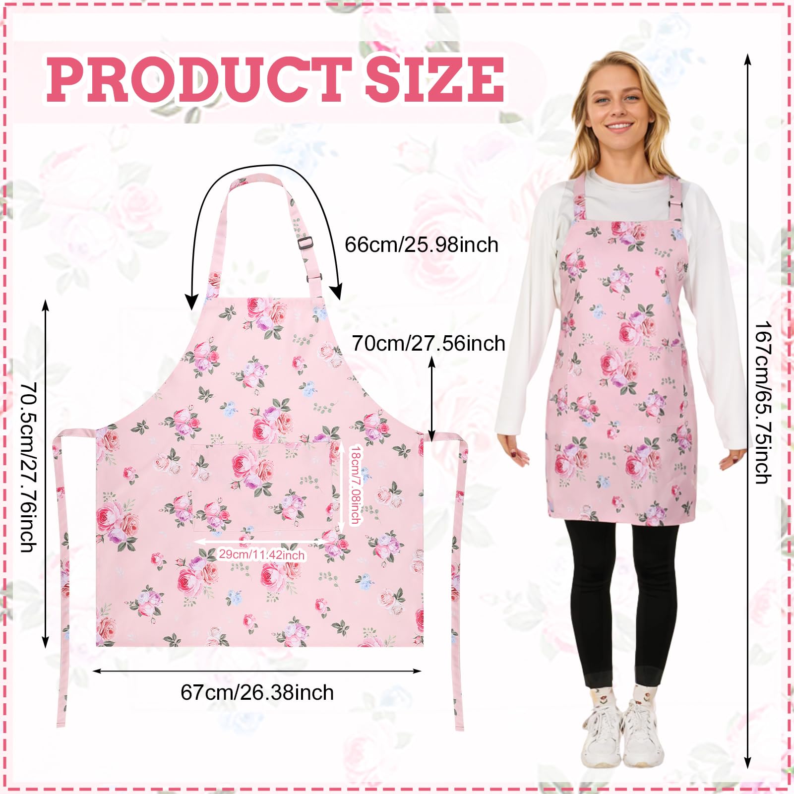 ViEinkaufen Aprons for Women Pink Flower Adjustable Chef Apron with Pockets - Image 2