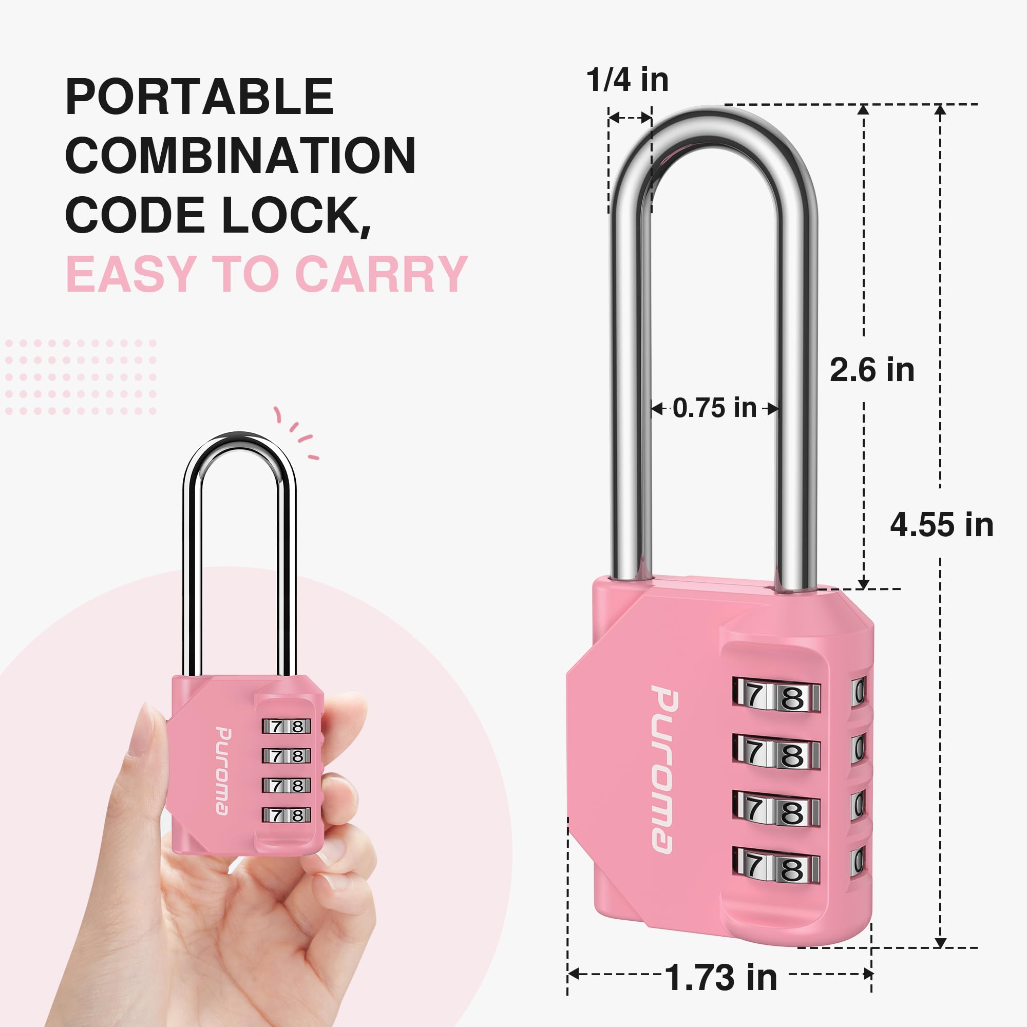 2 Pack 4-Digit Combination Padlocks - Long Shackle Waterproof Locks For School Gym Lockers, Storage, Toolboxes (Pink)