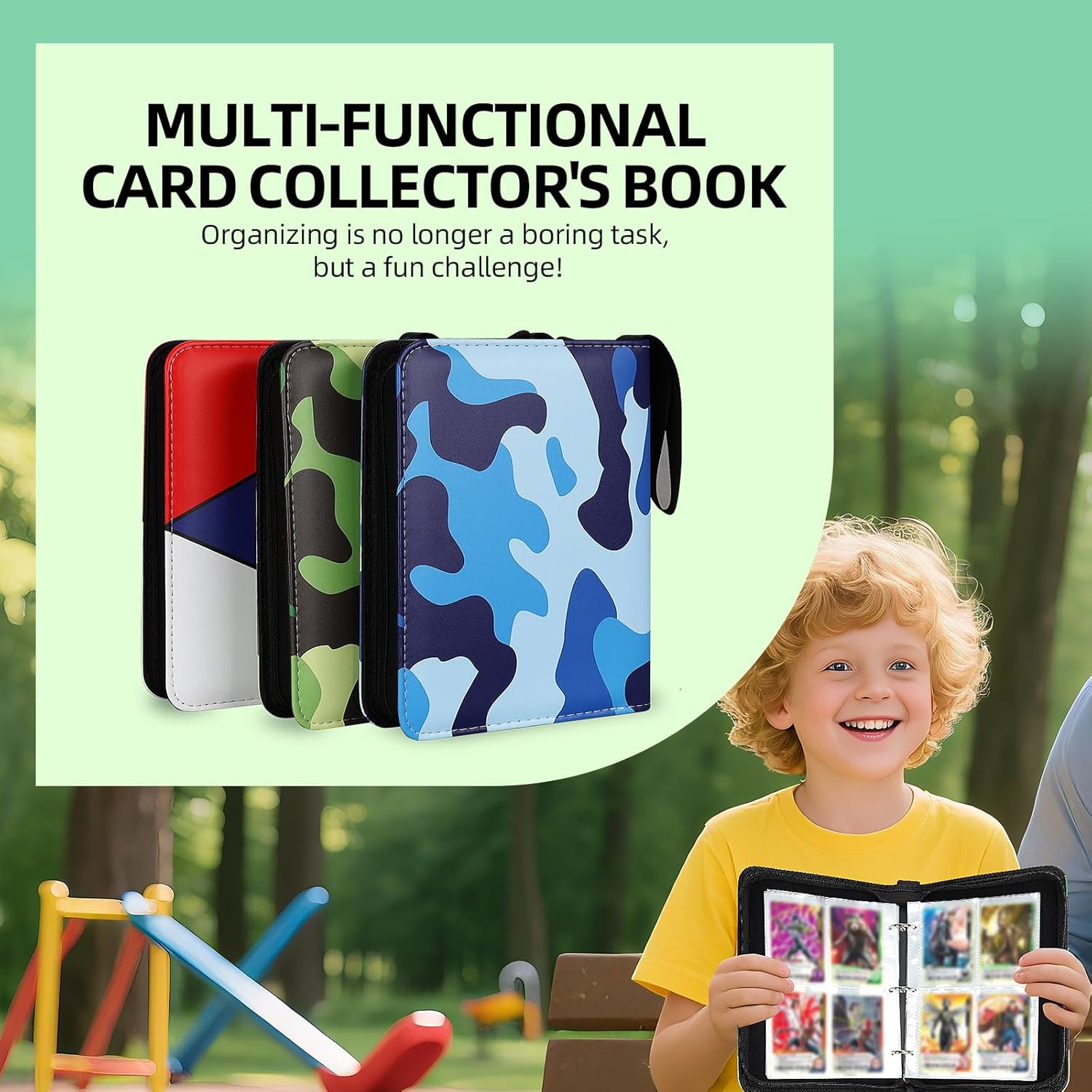 Collectible Trading Card Albums,4 Pocket Card Binder, 400 Double Sided Pocket,PU Premium Zip Trading Card Binder for TCG, MTG,Sports Cards (Red & Blue)