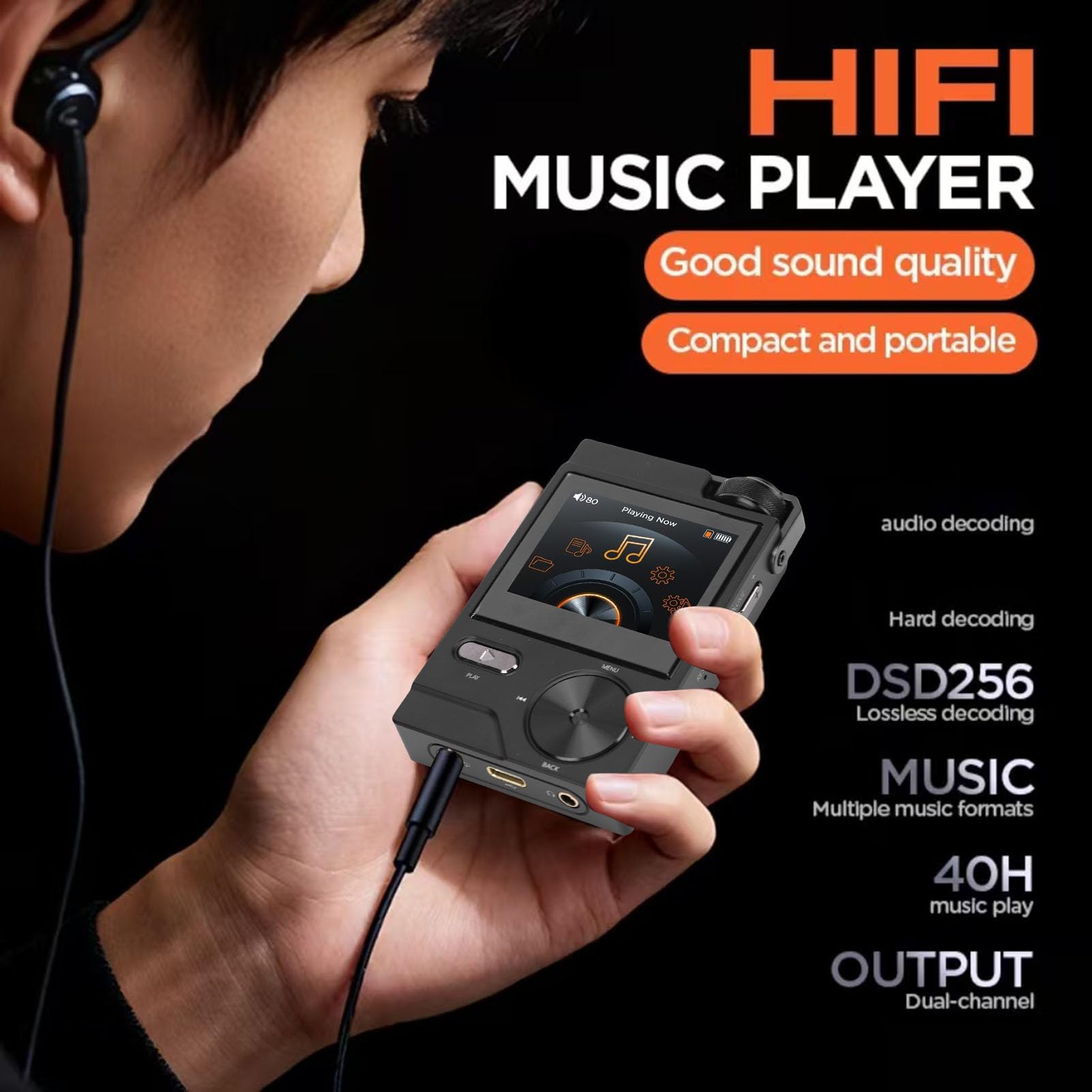 VBESTLIFE HiFi-MP3-Player, Verlustfreies DSD FLAC, 2-Zoll-LCD-Bildschirm, Hochauflösender Tragbarer Audioplayer mit 64-GB-Speicherkarte, Unterstützt Bis zu 256 GB