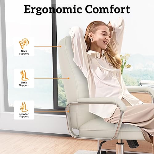 Miniatura 6 de Silla de oficina blanca con cuero suave, silla giratoria de escritorio ejecutiva con ruedas y brazos acolchados, altura ajustable