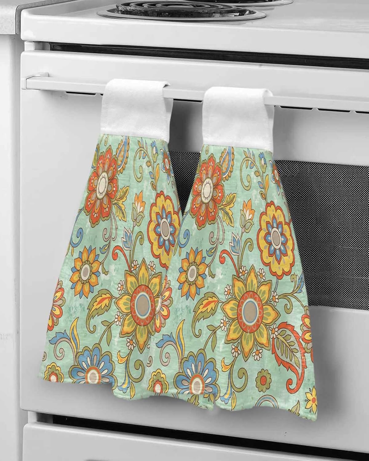Teal Green Boho Floral Kitchen Hand Towels with Hanging Loops Set of 2 Vintage Abstract Art Ethnic Flowers Soft Thick Oven Fingertip Dry Microfiber Tie Dish Towel Absorbent Cleaning Washcloth