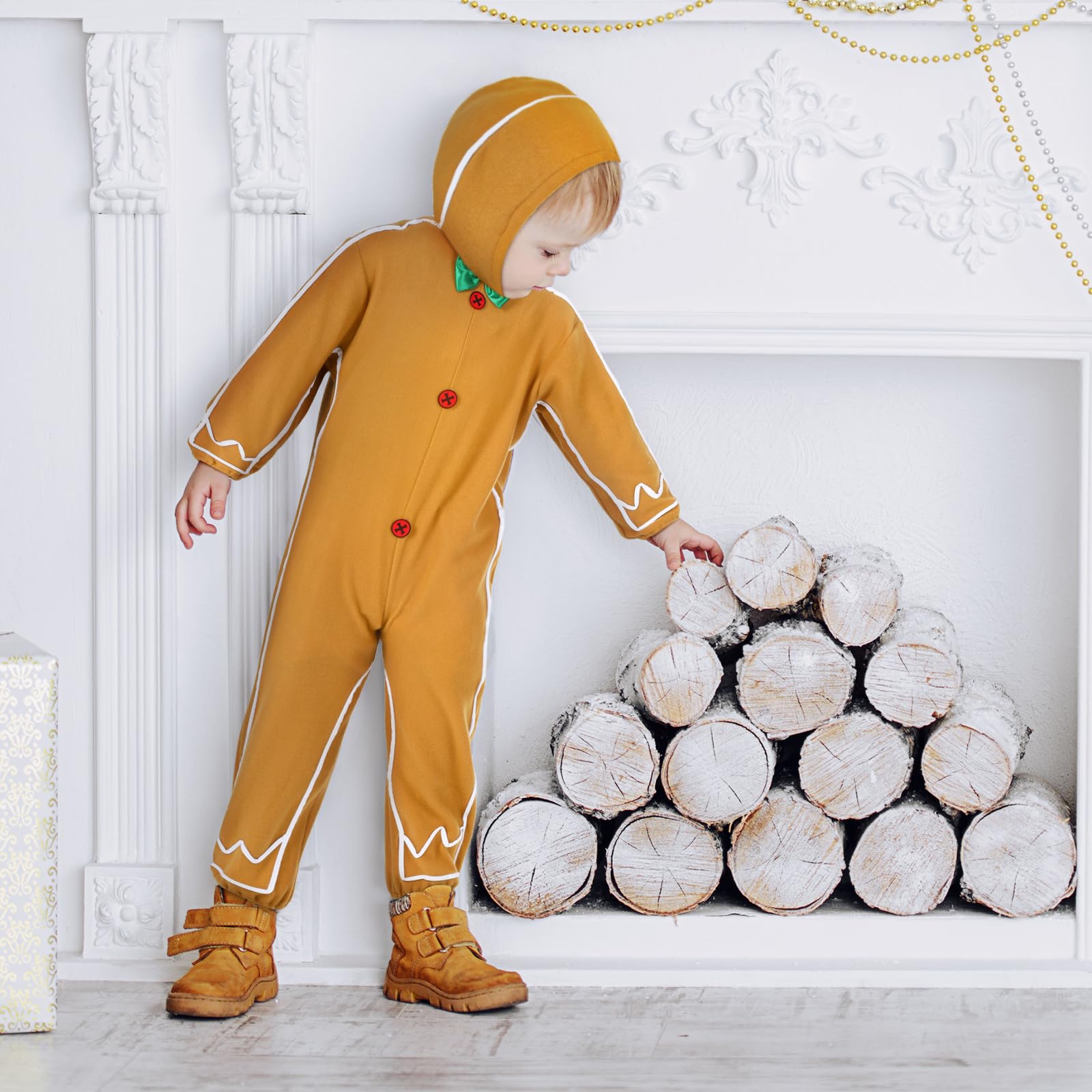 Disfraz de hombre de jengibre para niños, ropa para el hogar, traje de Navidad de pan de jengibre, body con capucha unisex (clásico, 5-6 años) 6