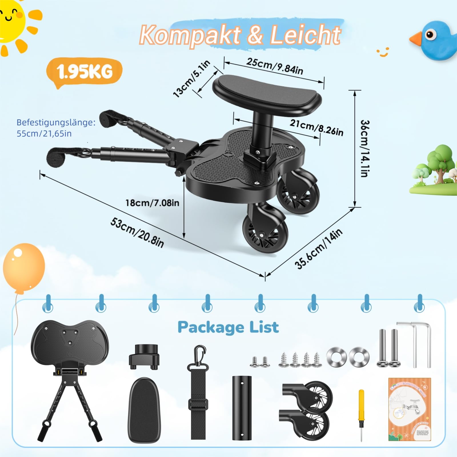 Buggy Board mit Sitz, Trittbrett für Kinderwagen Universal für Kinder von 2 bis 6 Jahren, Flexible Anpassung Kiddy Board, Kompatibel mit den Meisten Kinderwagen, Bearing 25KG