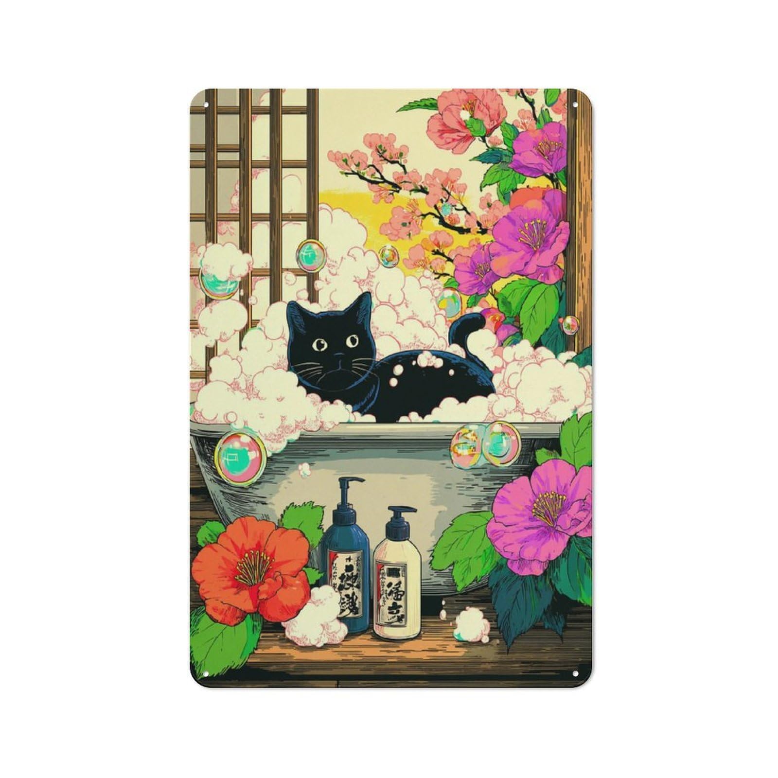 Junmoney Cherry Blossom Bath With Black Cat Nostalgic Metal Wall Sign 30X20cm, Classic Pub Decor For Bar, Kitchen, Garage Or Games Room