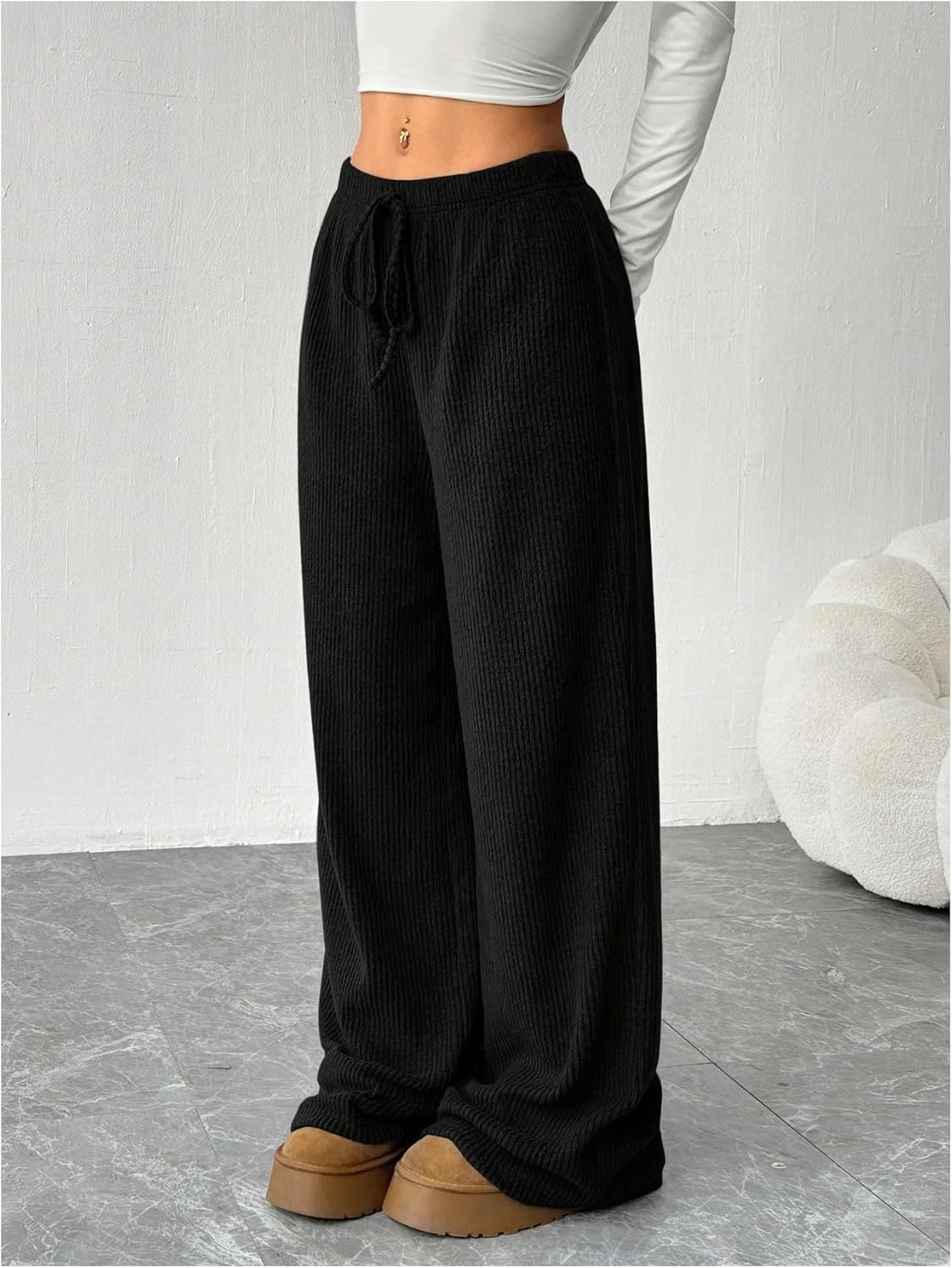 OYOANGLE Women's Ribbed Lounge Trousers Knit Comfy Drawstring Waist Straight Leg Pants - Image 3