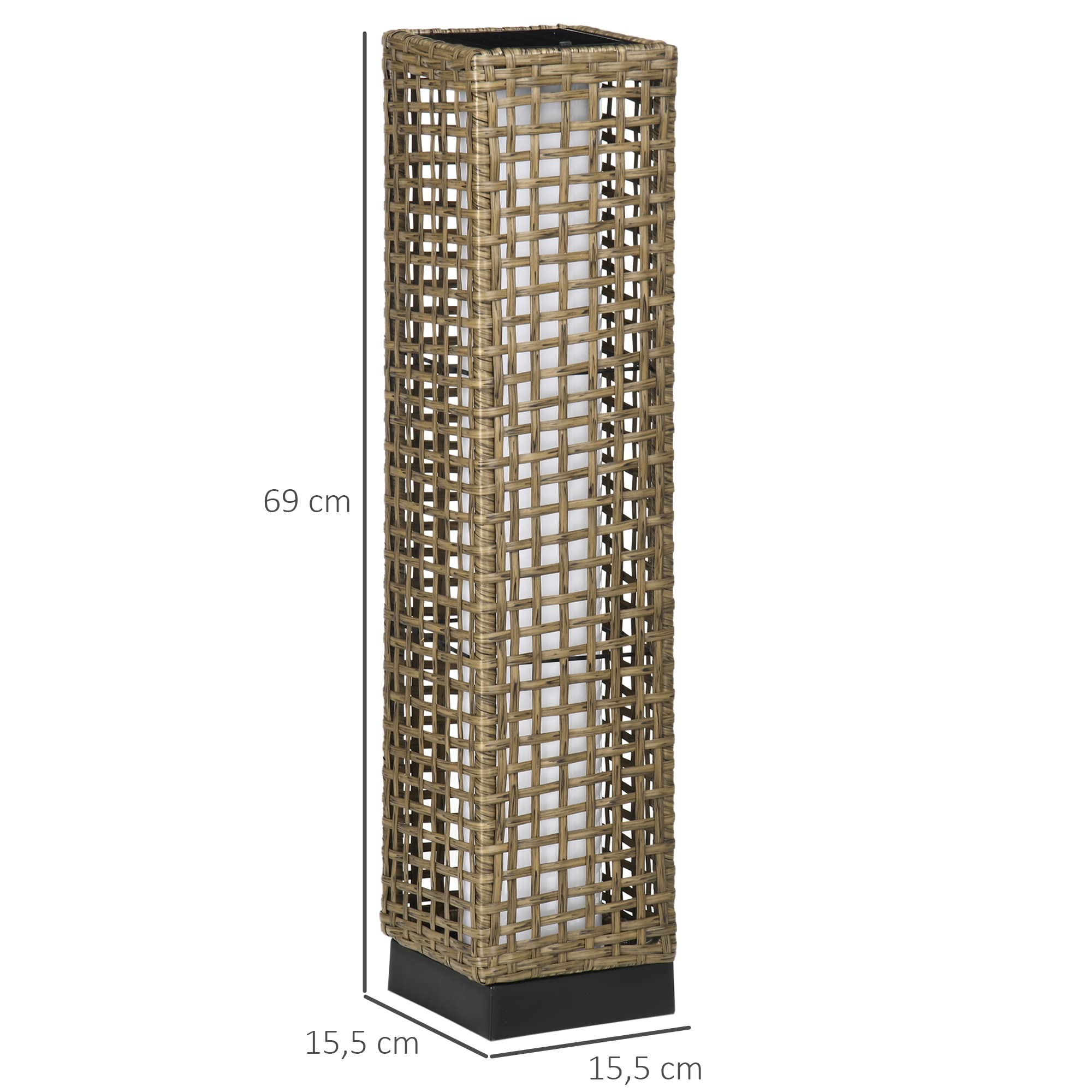 Outsunny Linterna de Jardín de Ratán Sintético Farola Solar con Luces LED Encendido y Apagado Automático para Terraza Balcón Patio 15,5x15,5x69 cm Arena