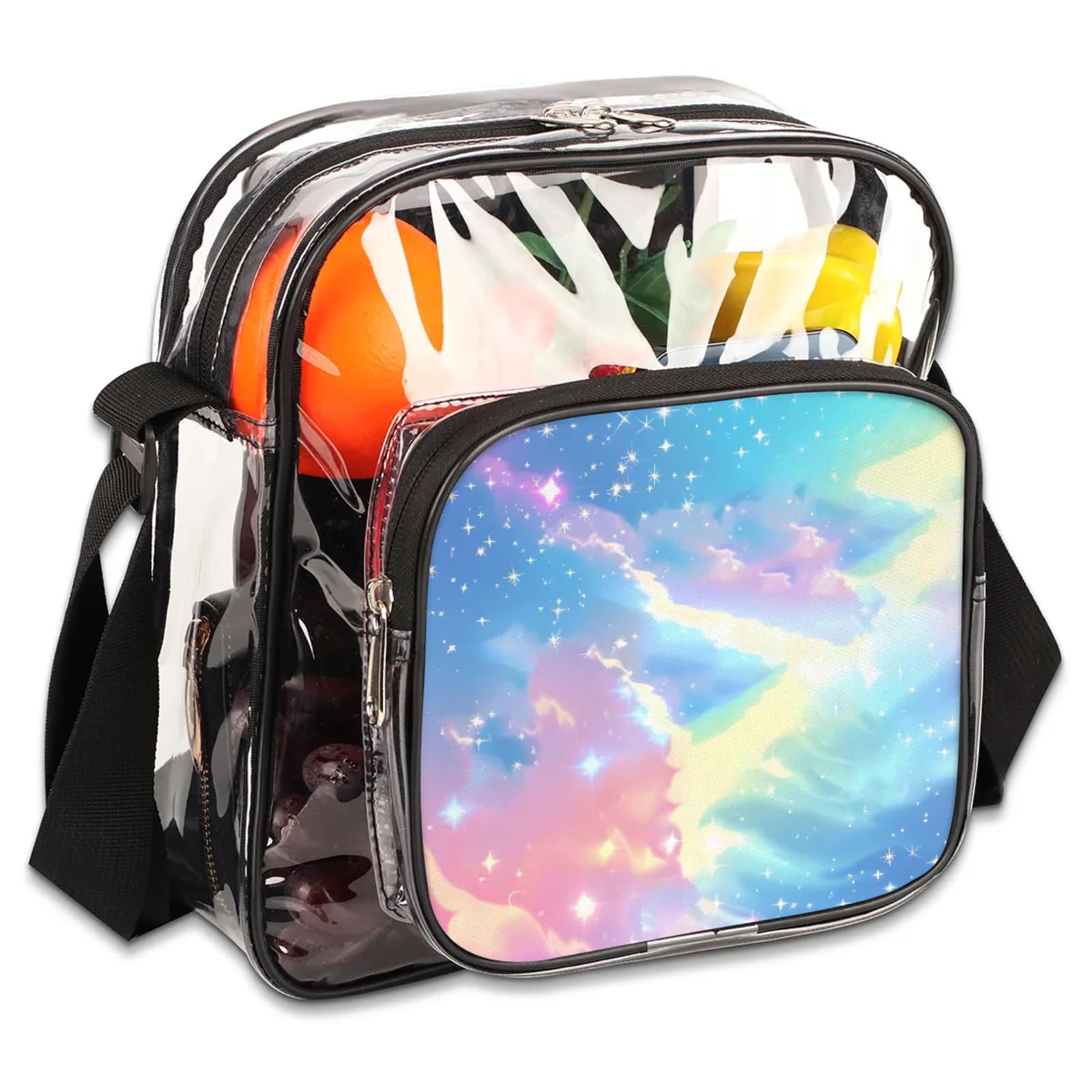 Clear Crossbody Bag Stadium Approved Unicorn Background Transparent Bag for Festivals, Sports Events, Concerts,Beach Bag for Women Men Clear Purse with Front Pocket Messenger Bag with Adjustable Strap