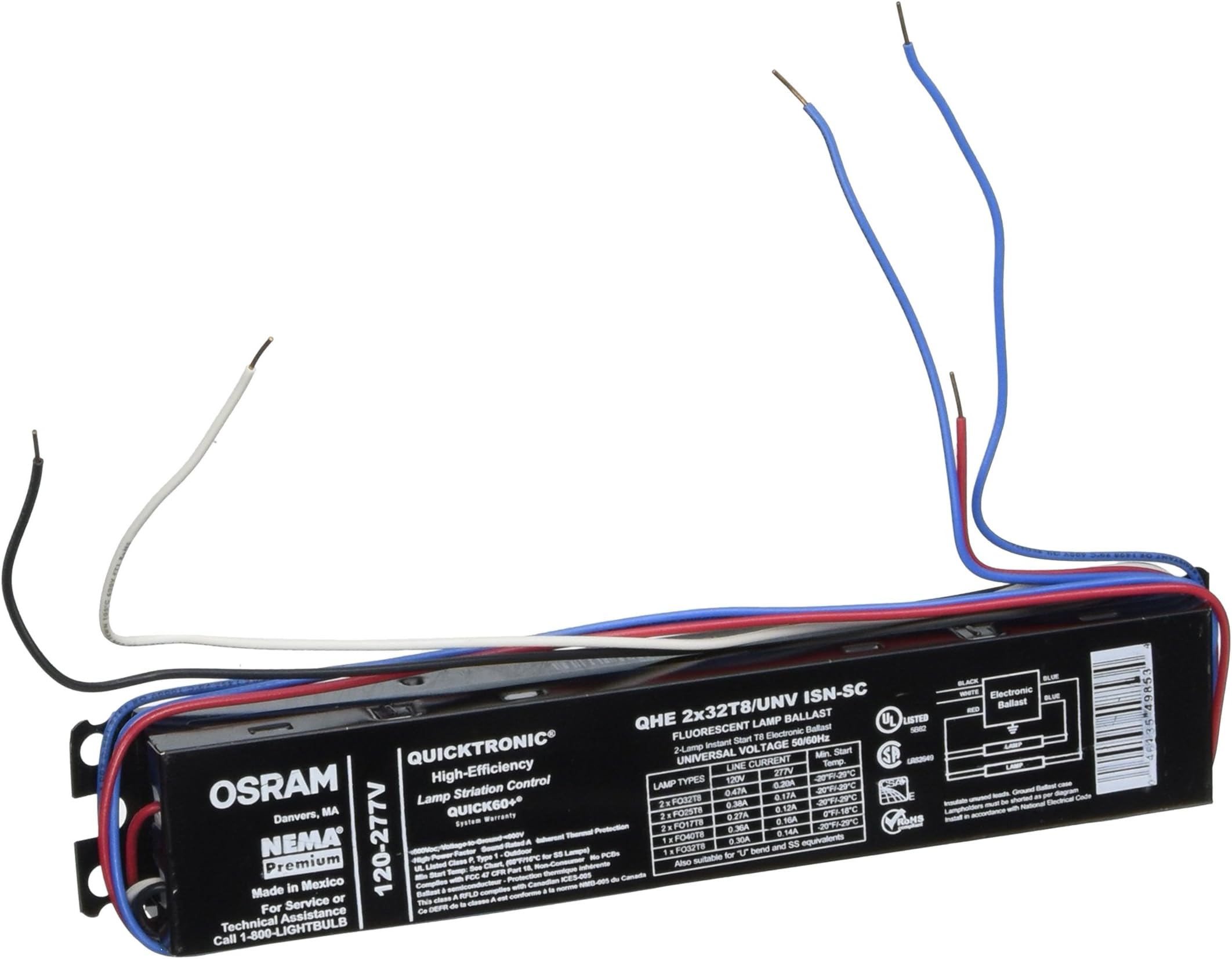 Sylvania QHE2X32T8/UNV Isn-Sc Fluorescent Ballast, 2 Lamp, 32W T8, 120/277V