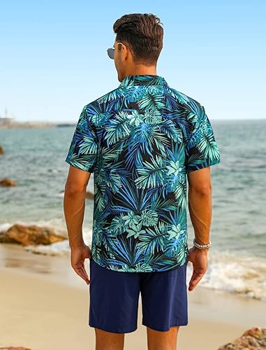 Miniatura 4 de EISHOPEER Conjunto de camisa hawaiana con flores para hombre, casual, con botones, de manga corta y pantalones cortos de playa de secado rápido,