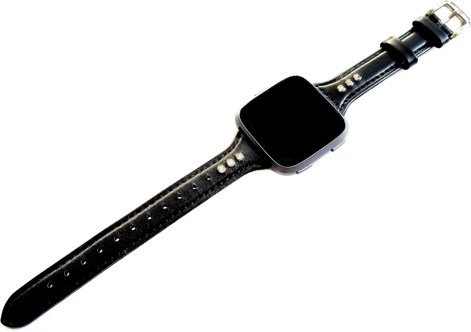 Black with Crystals Slim Band Compatible with Fitbit Versa 2 and Versa Smart Watch Elegant Soft Leather Strap Bracelet with Quick Release Pins