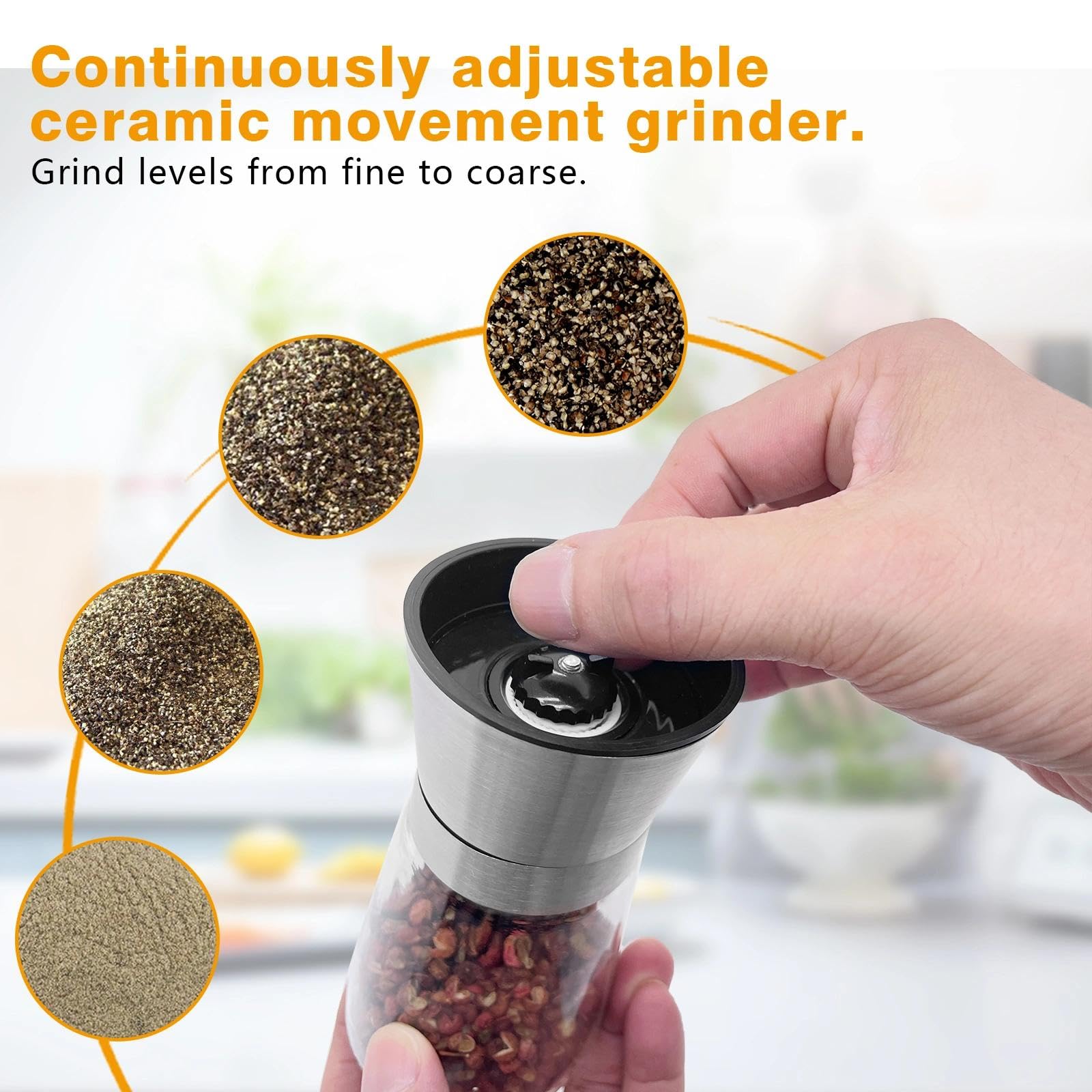 Spice Mill Set of 2 - Adjustable Ceramic Grinder Pepper Mill Stainless Steel Salt Mill for Kitchen and Dining Room Pepper Mill Salt Pepper Mill — Amazon image 5