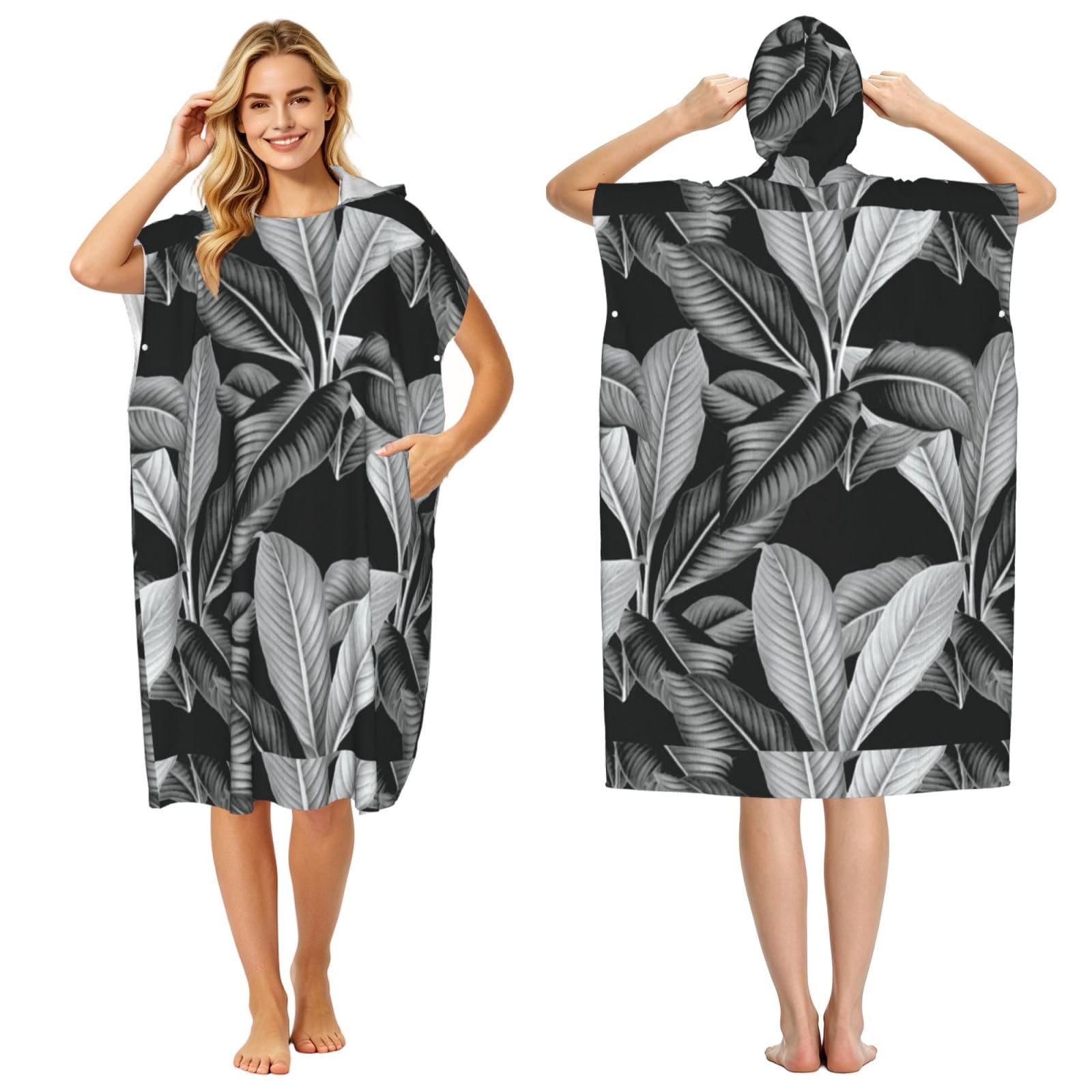 Poadnly Palm In Palm Black White, Adult Hooded Beach Towel 90 x 110 cm,Changing Bath Robe, Surf Poncho Towel For Women Men