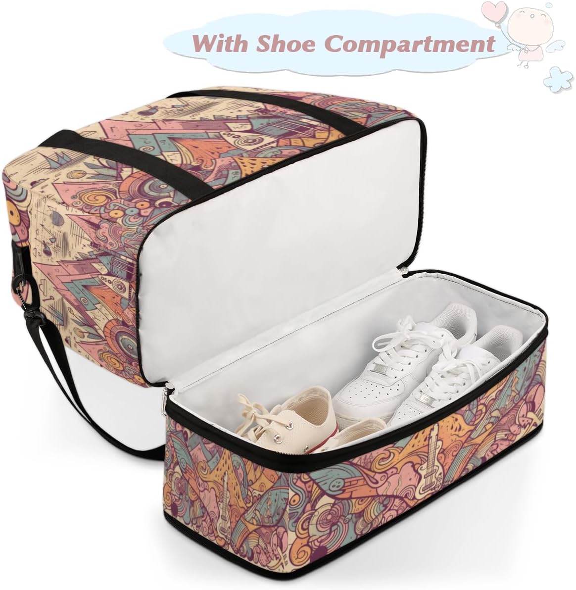 QsirBC Music Design Theme Gym Bag for Women Duffle Tote with Shoes Compartment Men Weekender Duffel for Dance Travel Sports Swimming Overnight