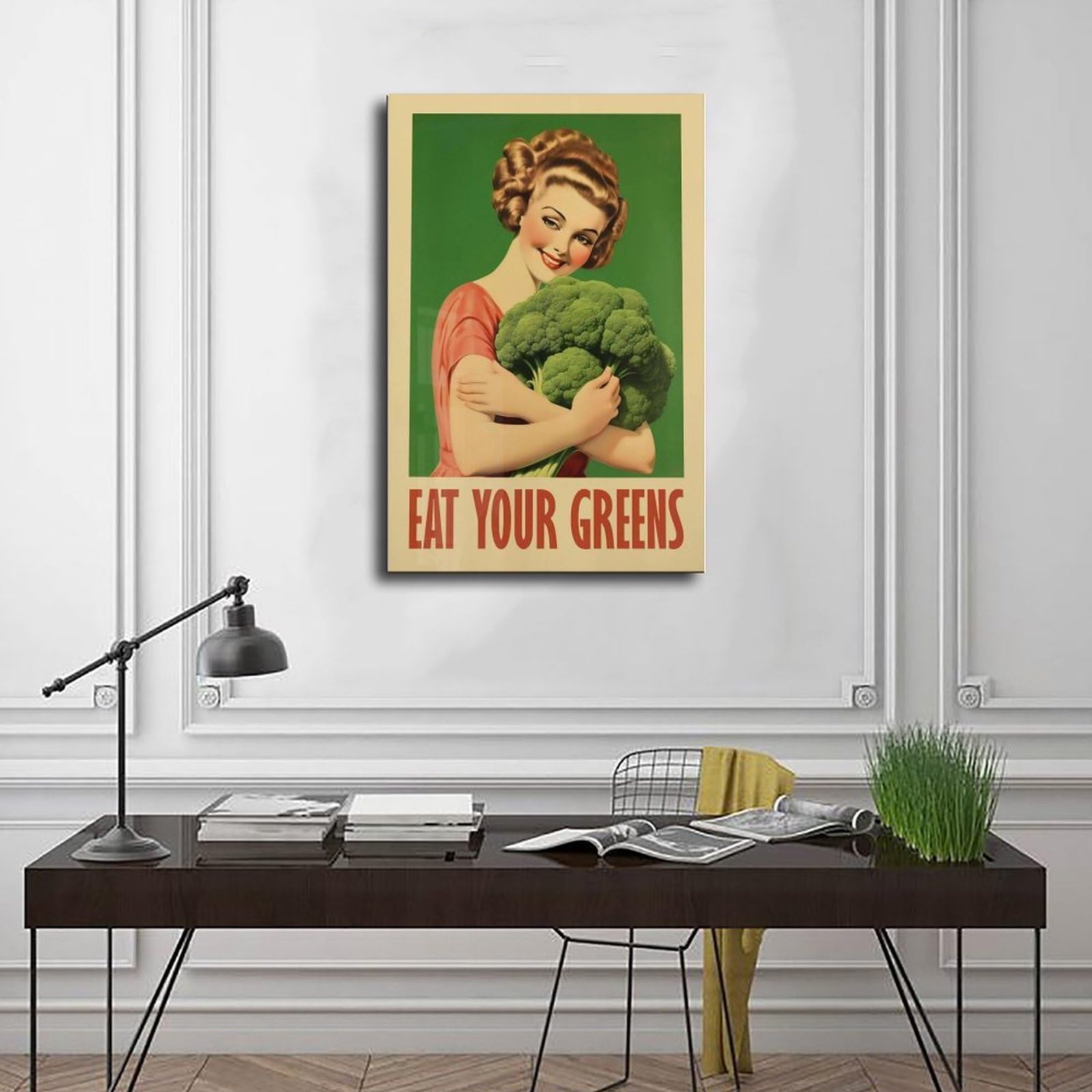 OAHFDF Leinwandposter "Eat Your Greens", Brokkoli, Vintage-Stil, Wandkunst, Dekordruck, Bild Gemälde für Wohnzimmer, Schlafzimmer, Dekoration, 50 x 75 cm