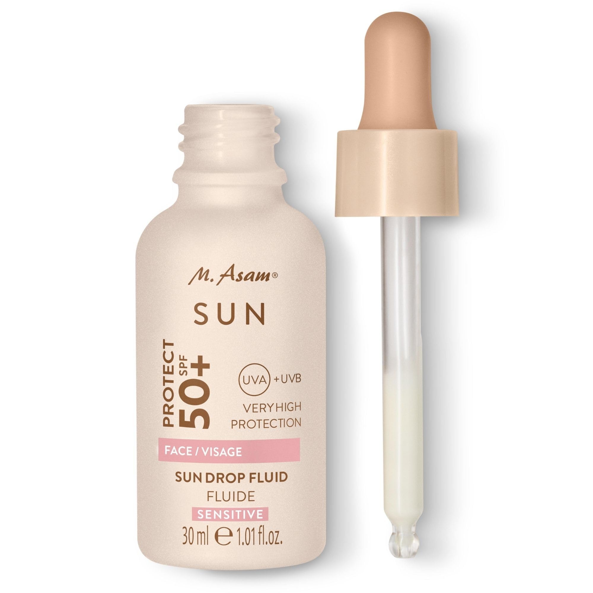 M. Asam SUN Sun Drop Fluid Sensitive Skin SPF 50+ (30ml) - Sonnencreme Gesicht 50 Für Empfindliche Haut, Leichtes Serum Gesicht Mit Panthenol, Feuchtigkeitsspendende Gesichtspflege Sunscreen Skincare