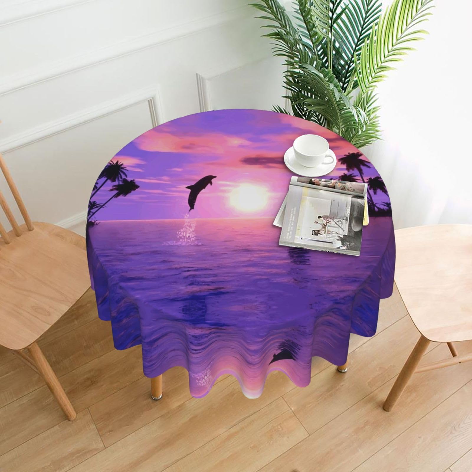 ZHAOUR Sunset Dolphins (1) Print Round Washable Tablecloth – Table Cover