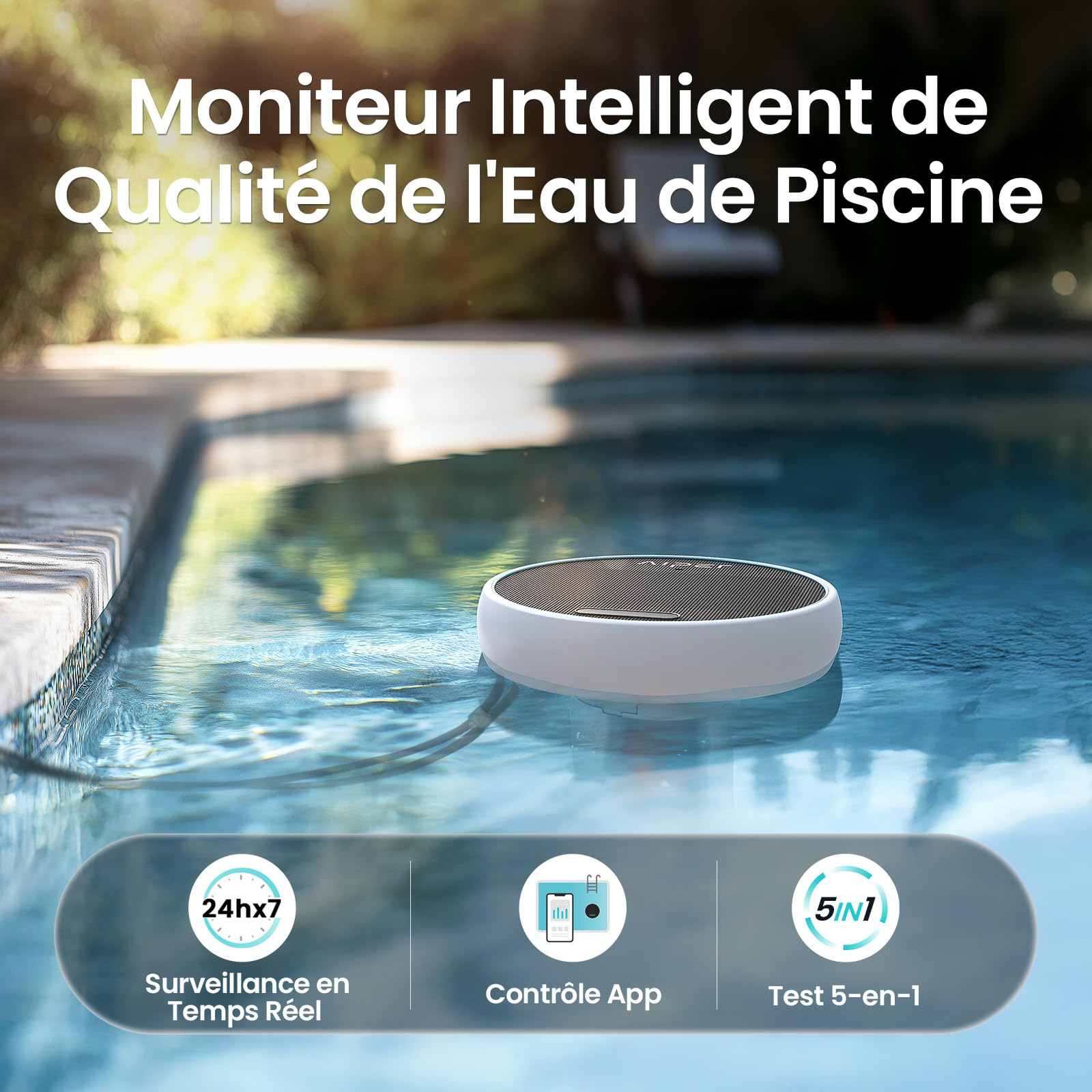 AIPER HydroComm Analyseur d'eau de Piscine Connecté, 5-en-1 Testeur pH, ORP, EC, TDS & Température, Surveillance Numérique 24/7, Application Mobile avec Conseils Personnalisés, Solaire + Batterie