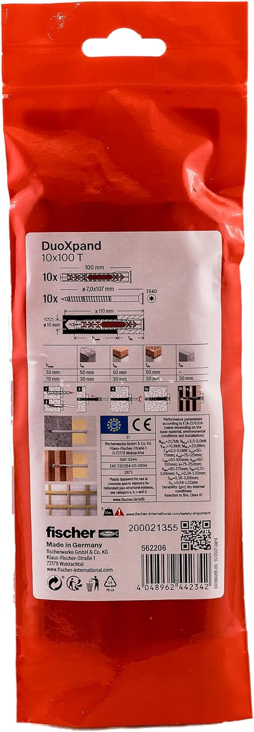 fischer - DuoXpand Extension Dowel 10x100 with countersunk Head Screws in Electro-Galvanized Steel/Pack of 10