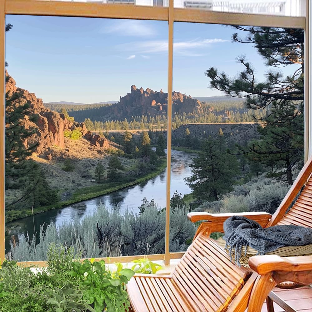 Rustic River Stained Glass Window Film, Natural Pine Tree Mountain Scene Decorative Frosted Glass Window Privacy Film, Heat Control Adhesive Window Sticker 27.6Wx47.2L inch x 2pcs