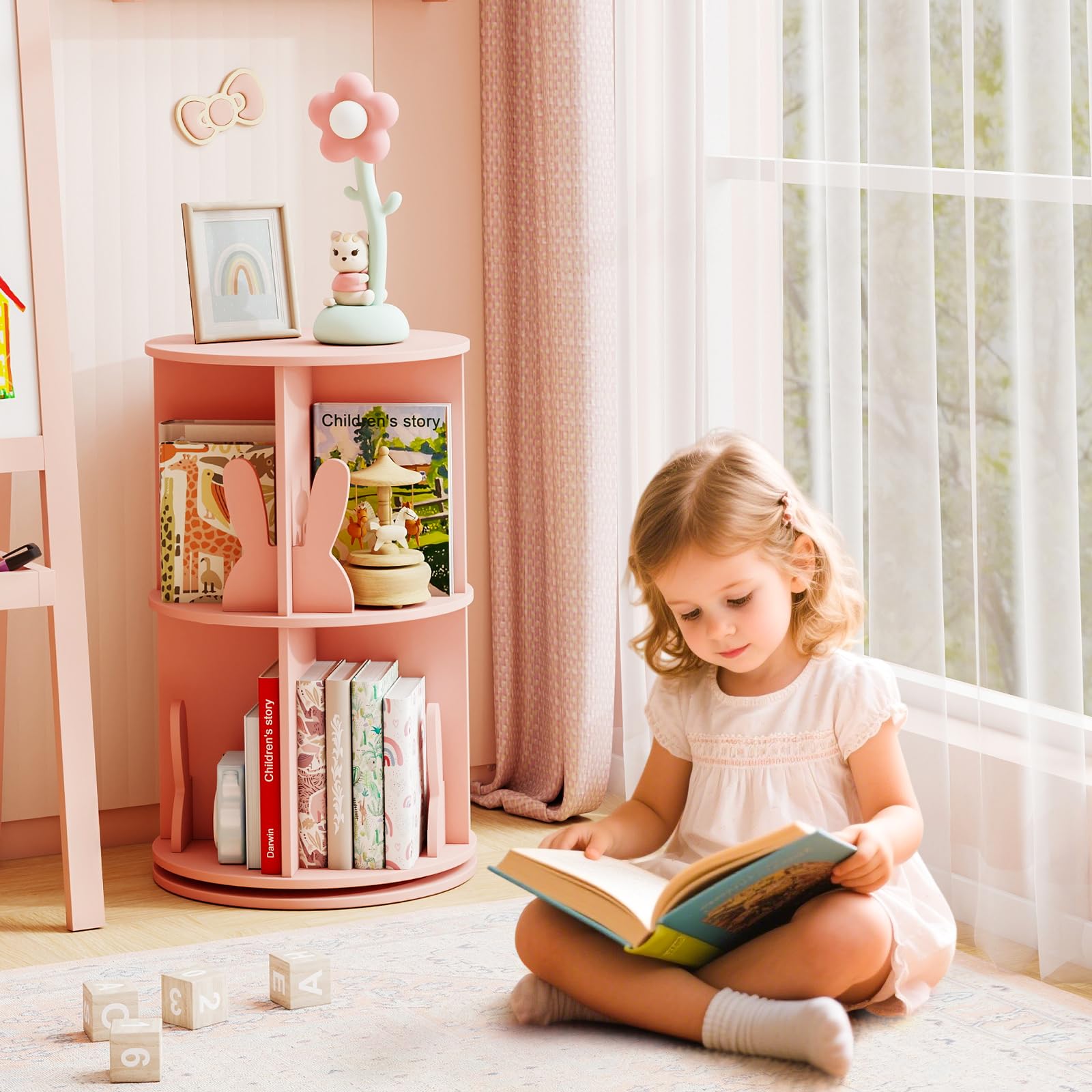 COSTWAY Libreria Girevole per Bambini, Scaffale Moderna in Legno a 2 Ripiani, Libreria Salvaspazio per Soggiorno, Camera da Letto e Studio, 40 x 65 cm (Rosa)