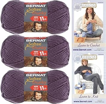 Bernat Softee Chunky Yarn, Super Bulky #6, 3 Skeins Dark Mauve Bundle 28323