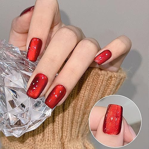 Miniatura 4 de Uñas postizas cortas a presión con ojo de gato rojo, uñas acrílicas cuadradas francesas, uñas adhesivas elegantes con joyas, uñas artificiales