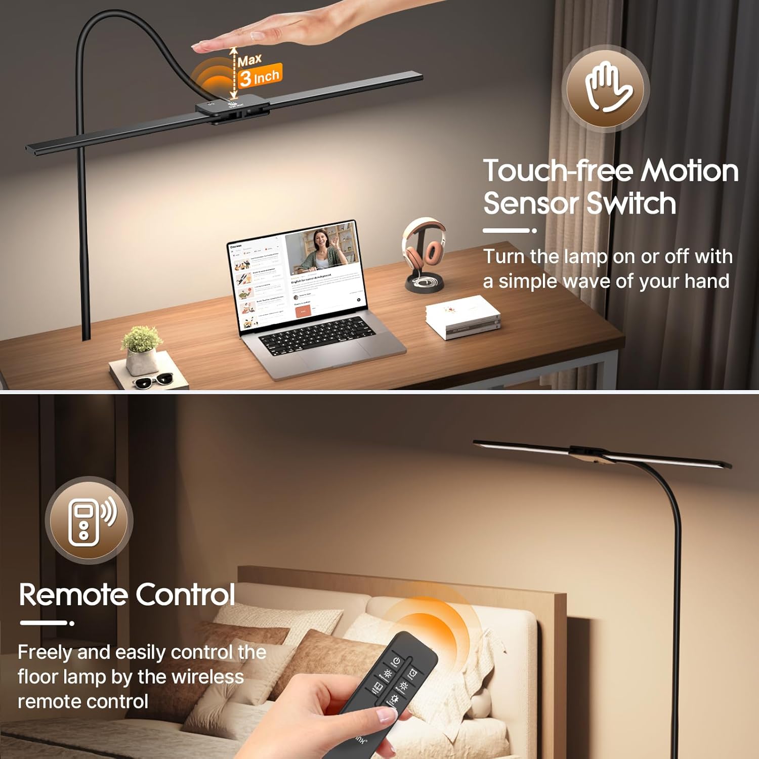 Syrinx LED Floor Lamp, 14W 2000LM Bright Floor Lamp for Office, Gesture & Remote Control, Dual Head Goose-Neck Standing Lamp, Dimmable Brightness & Color Temp, Eye Caring Reading Light for Living Room - Image 7