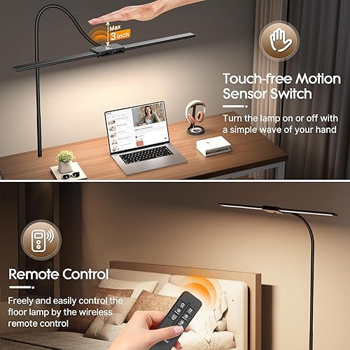 Miniatura 7 de Syrinx Lámpara de Pie LED, Lámparas de Pie de Doble Cabezal con Cuello de Ganso para Sala de Estar con Interruptor de Gestos y Control Remoto,