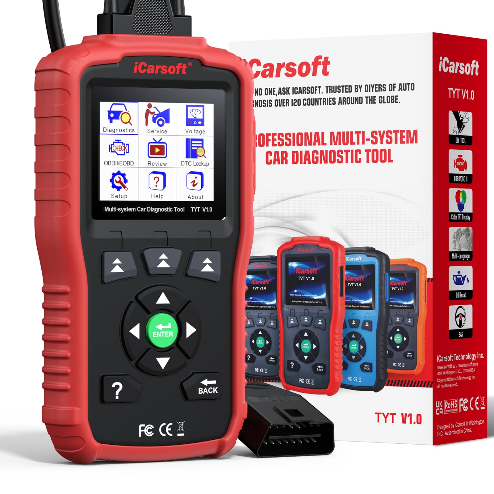 iCarsoft TYT V1.0 OBD2 Máquina Diagnosis Coche para Toyota/Corolla/Nissan/Honda/Hyundai/Kia, Escáner de Todo el Sistema, Reinicio de Aceite, Calibración SAS, Prueba de Batería, Actualización por Vida