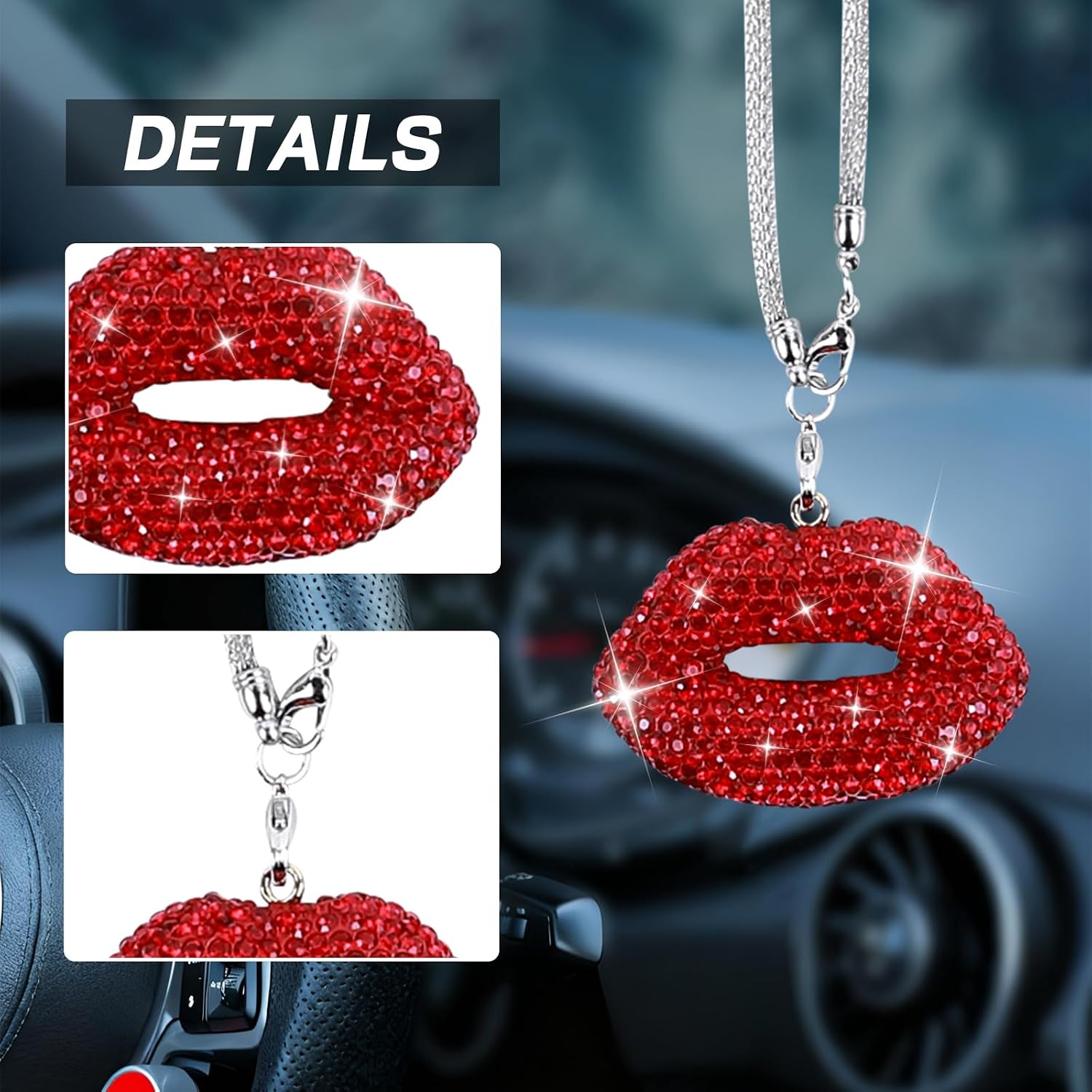 Bling Lip Car Hanging Accessories for Women, Diamond Lips Rear View Mirror Hanging Ornament for Cars, Crystal Rhinestone Lucky Car Charms, Vehicle Interior Pendant Decoration (Red)