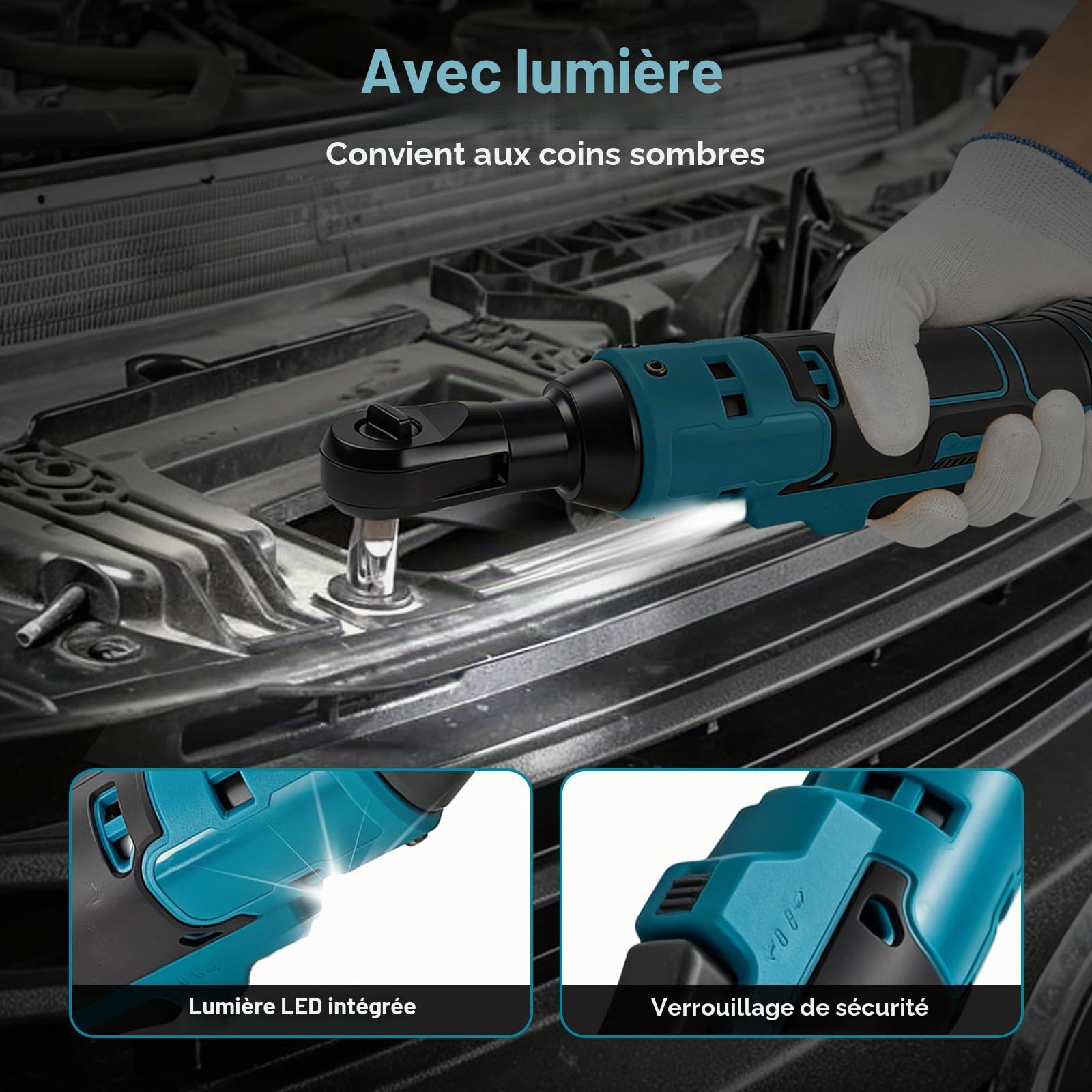 Clé à cliquet sans fil 3/8" compatible avec Makita 18 V, cliquet électrique avec adaptateur 1/4" et adaptateur 1/2", 280 tr/min, 80 Nm, cliquet à chocs électrique pour l'entretien du vélo et de la