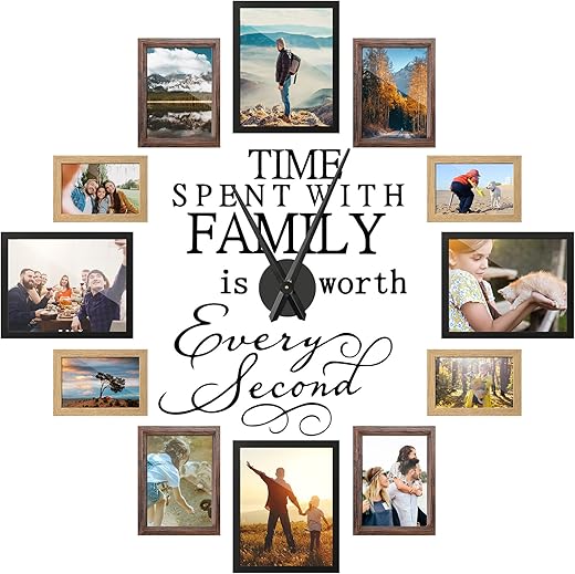 Briwooody Family Photo Clock Frame Wall Decor for Living Room, Family Picture Frame Clock Wall Art, Happy Mother's Day Mom Birthday Gifts, Room Decor(8x10, 5x7, 4x6 Inch,Black, Brown)