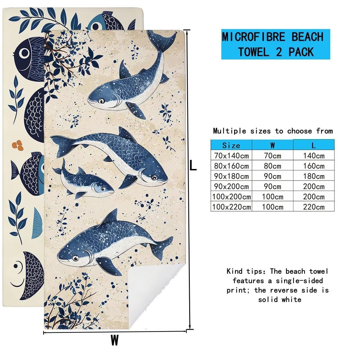 Telo Mare Microfibra, Telo Mare Grande 100x200cm 2 Pezzi, Asciugamano Palestra Donna Asciugatura Rapida, Antisabbia Asciugamano Microfibra, Leggero Asciugamani Palestra per Regalo (Pescare) -4292