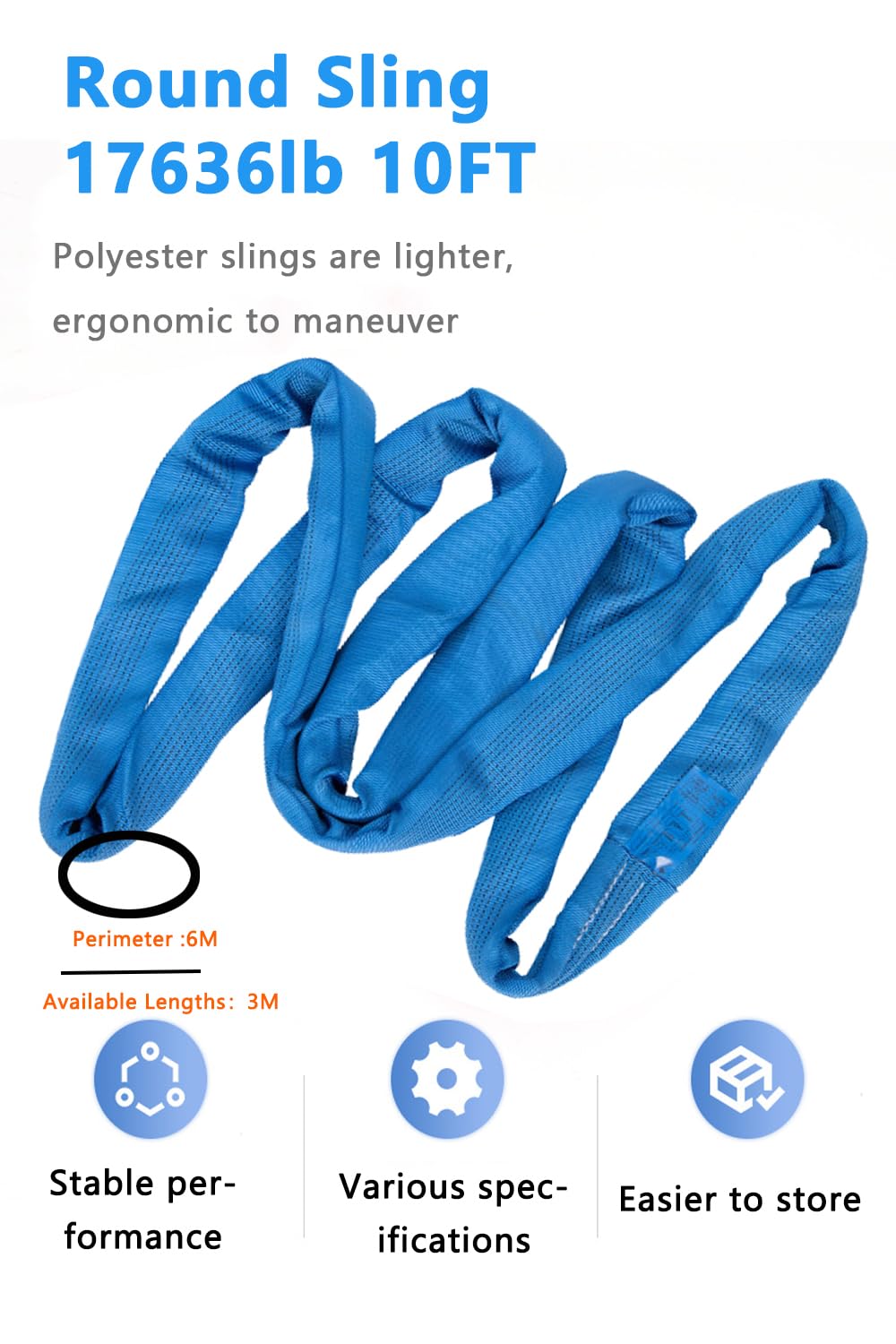 Cinghia rotonda da 7,999,6 kg, 3 m, in poliestere, per sollevamento di oggetti pesanti, resistente, in poliestere, senza fine, rotonda, 8T, 3 m
