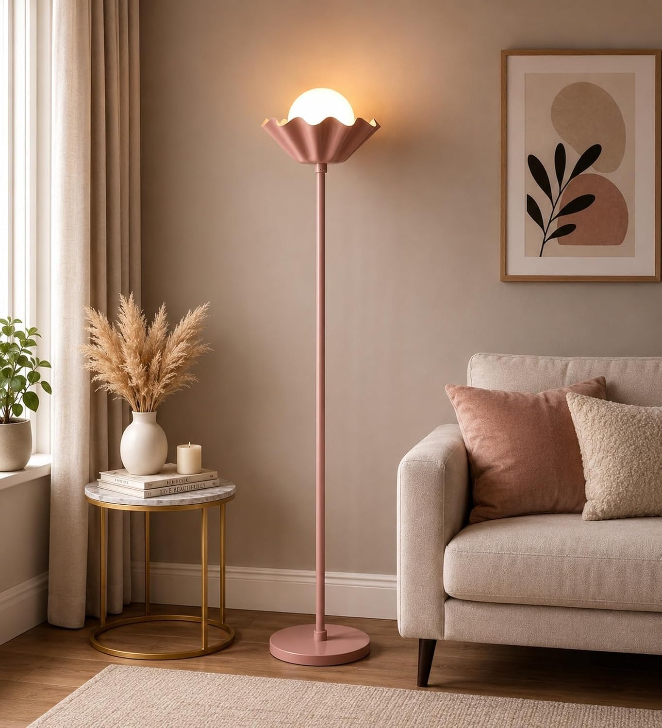 Modern Minimalist Floor Lamp for Living Room & Bedroom - 132cm Tall Standing Lamp with Milky Glass Globe & Scalloped Metal Shade - 3-Section Foldable Pipe Design-image-39