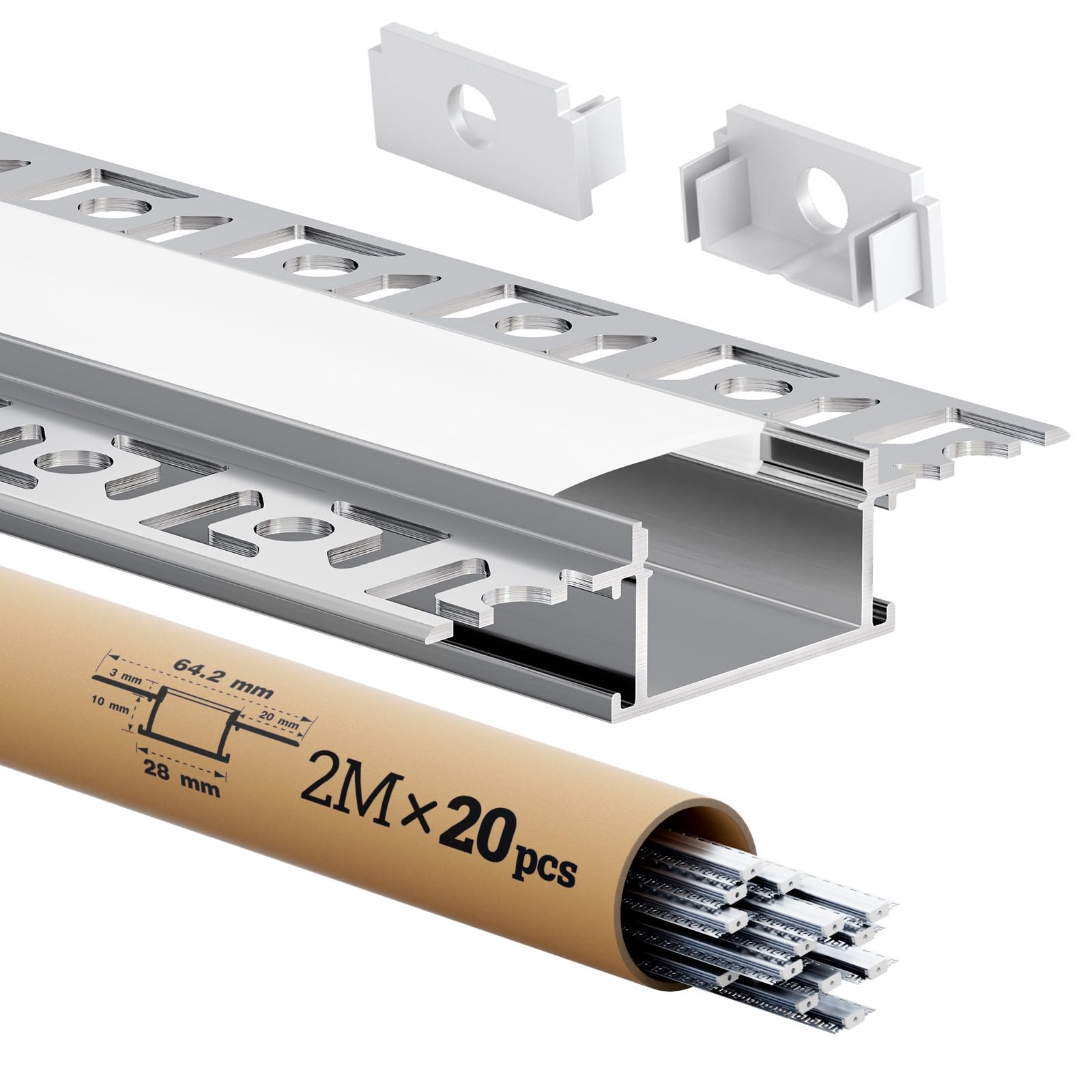 Profilo LED per strisce LED 2 m x 20 pezzi tol 40m, Con coperchio opaco, Dimensioni W28mm (Alette 64,2mm) x H10 mm, Supporta strisce di larghezza inferiore o uguale a 20 mm