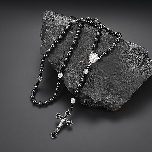 Vista 42 de Tiger Eye Cross Necklace for Men, Obsidian Necklace, Hematite Cross Pendant Lava Rock Rosary Healing Crystal Necklaces