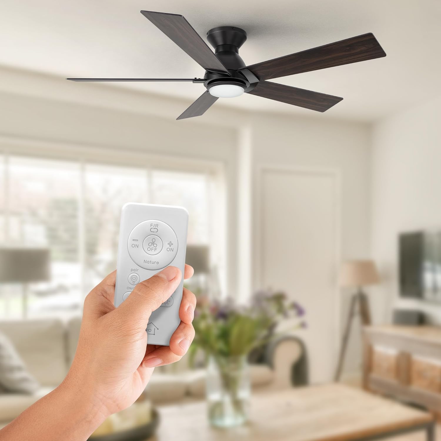 52" Flush Mount Ceiling Fan with Remote 3 Color LED Light Temperatures,10-speed Reverse DC Motor Low Profile Quiet Ceiling Fan, Reversible Plywood Blades For Bedroom,Living Room(Black Walnut/Ash)