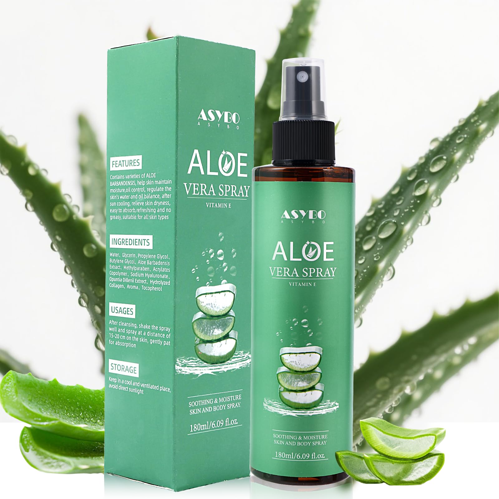 ASYBO Aloe Vera Spray 180 ml - 99% organisches reines Aloe Vera Spray fr  Gesicht, Krper und Haare, nach der Sonne Gesicht Feuchtigkeitscreme mit  Vitamin E, schnell einziehend : Amazon.de: Kosmetik