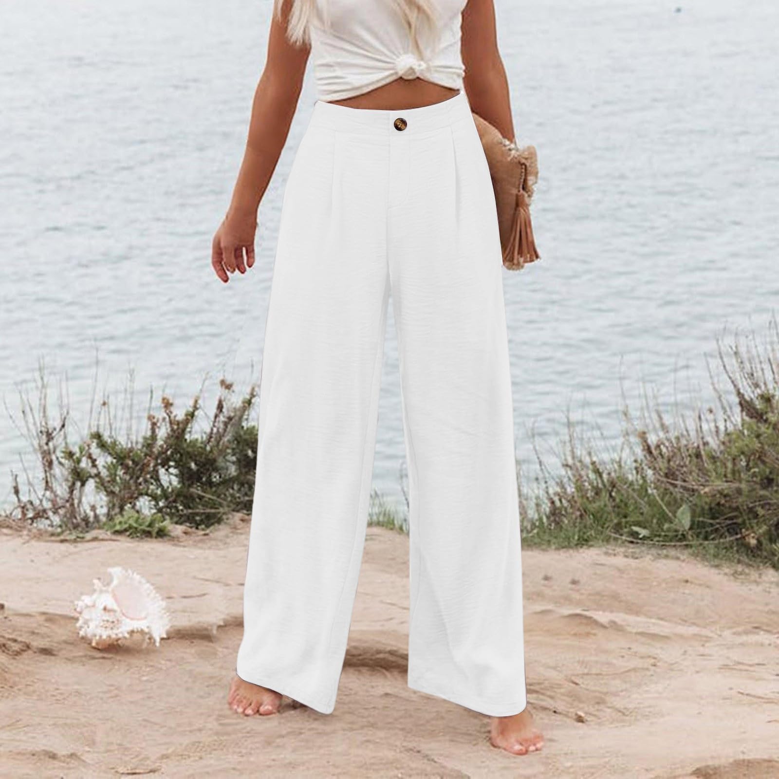 Leinenhose Damen Business Sommer Palazzo Hose - Bequem Elegant Große Größen Freizeithose Yogahose Casual Einfarbig Strandhose Weite Bein Sommerhose Lockere Stoffhose