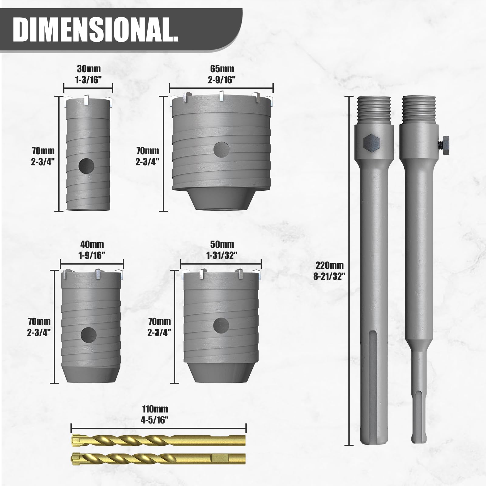 Sega a Tazza per calcestruzzo (130 mm丨5-1/8'') con Gambo SDS Plus da 220 mm e 2 raccoglipolvere - Ideale per Foratura di calcestruzzo, Cemento, Mattoni, Pietra e pareti