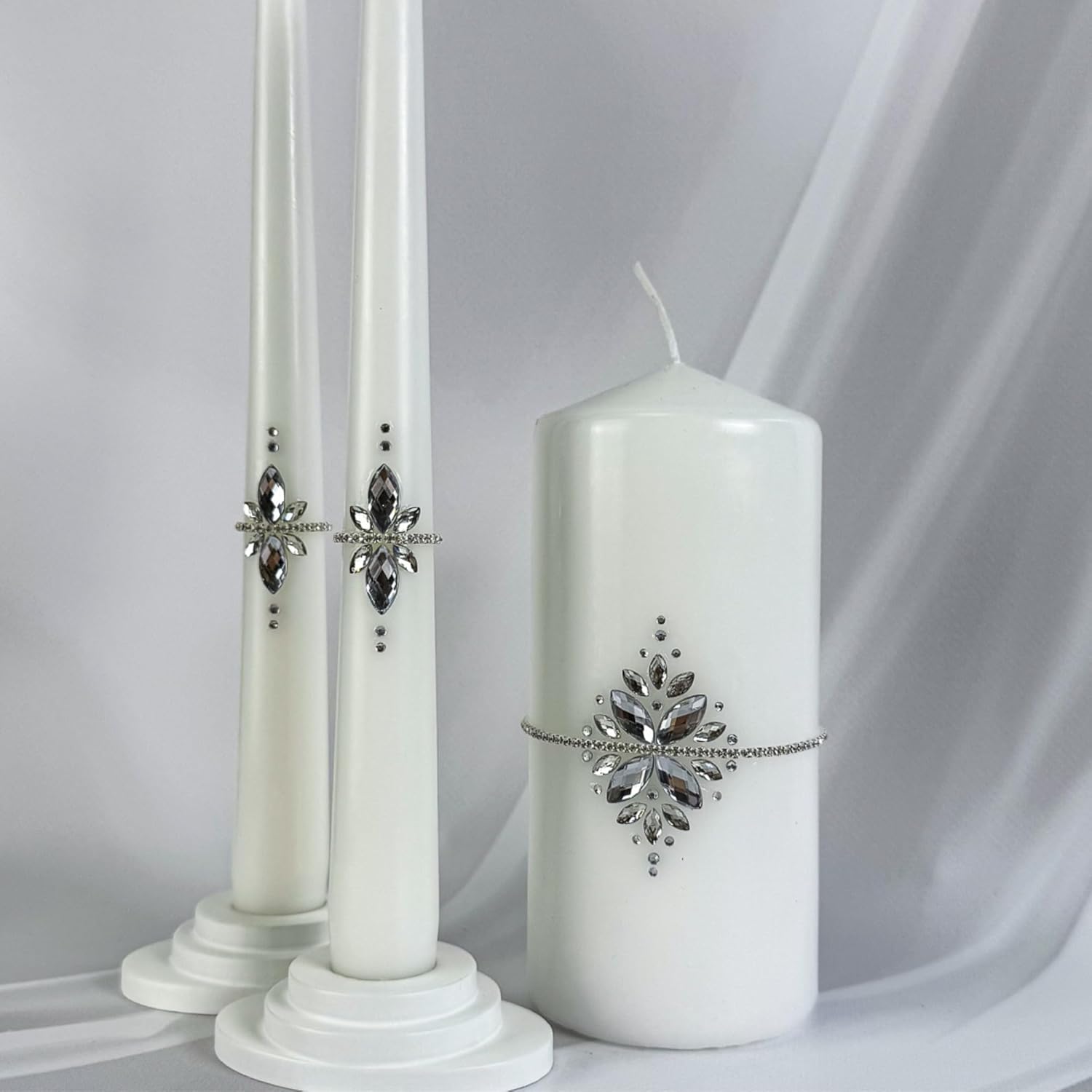 Unity Candle Set - Wedding Ceremony & Reception – 6” Pillar & Two 10” Taper Candles – Long Burning Unity Candles for Marriage Ritual – Handmade in USA –White|Cristal|Classic