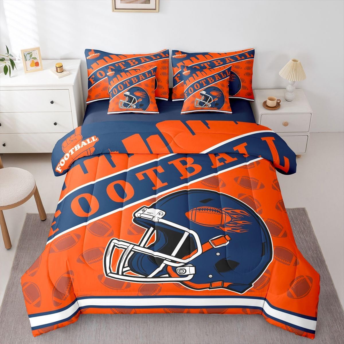 Erosebridal 7Pcs Football City Classic Helmet Bedding Sets, Gridiron Seasonal Color Comforter for Kids Teens Boys Sports City Silhouette Illustration Bed in A Bag Twin for Rugby Sports Fans Gift