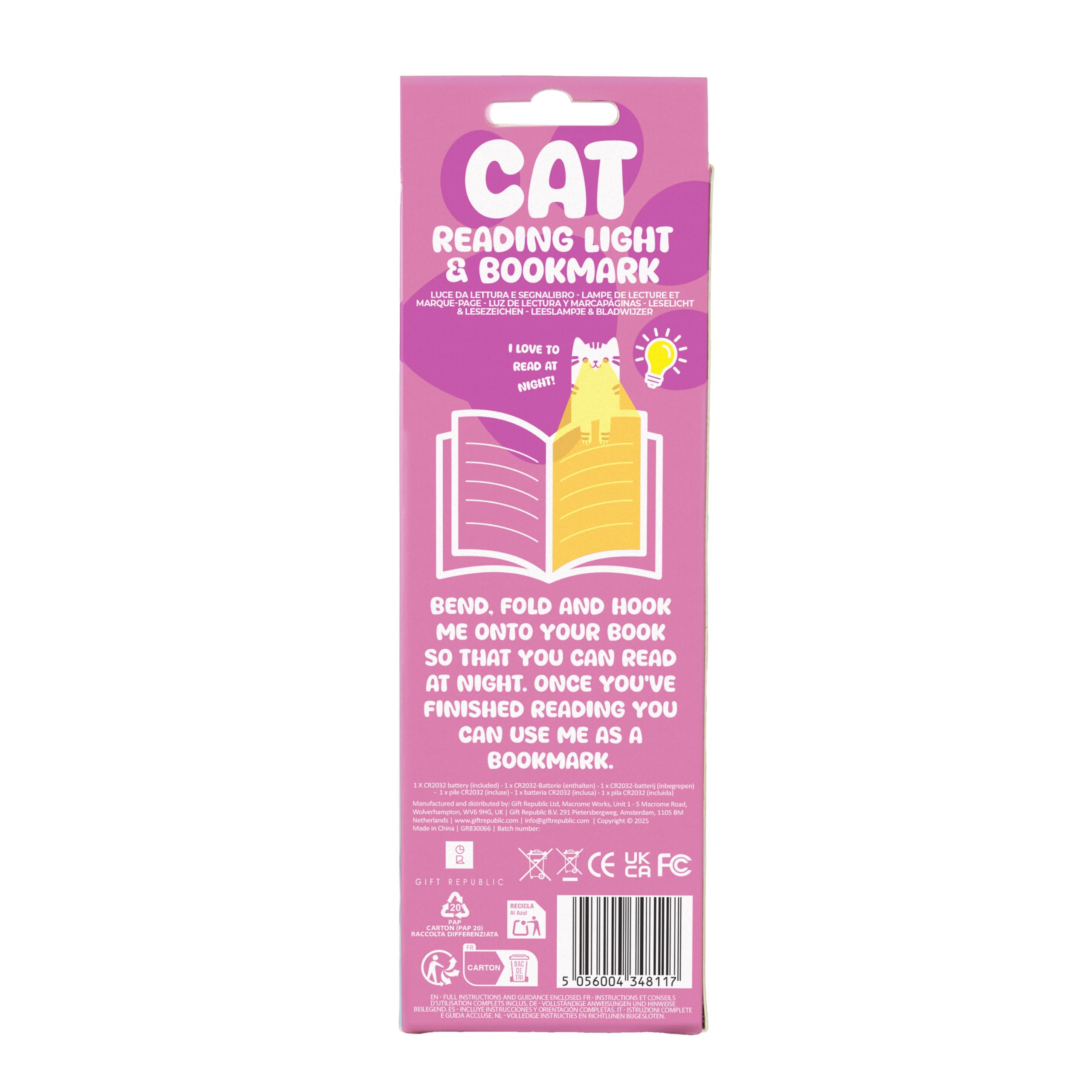 Gift Republic Book Buddy - Katzen-Leselicht und Lesezeichen - Flexibles LED-Nachtlicht zum Lesen im Bett - Clip-On Katzen-Lesezeichen für Bücher - Kinder Geschenkidee