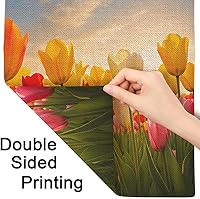 Vista 6 de Moslion Bandera de jardín de tulipanes, campo floral al atardecer, nube, tulipán, rosa, amarillo, flores verdes, banderas de doble cara, bandera