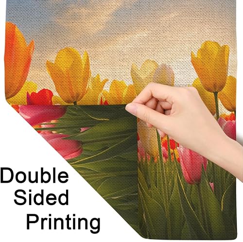 Miniatura 6 de Moslion Bandera de jardín de tulipanes, campo floral al atardecer, nube, tulipán, rosa, amarillo, flores verdes, banderas de doble cara, bandera