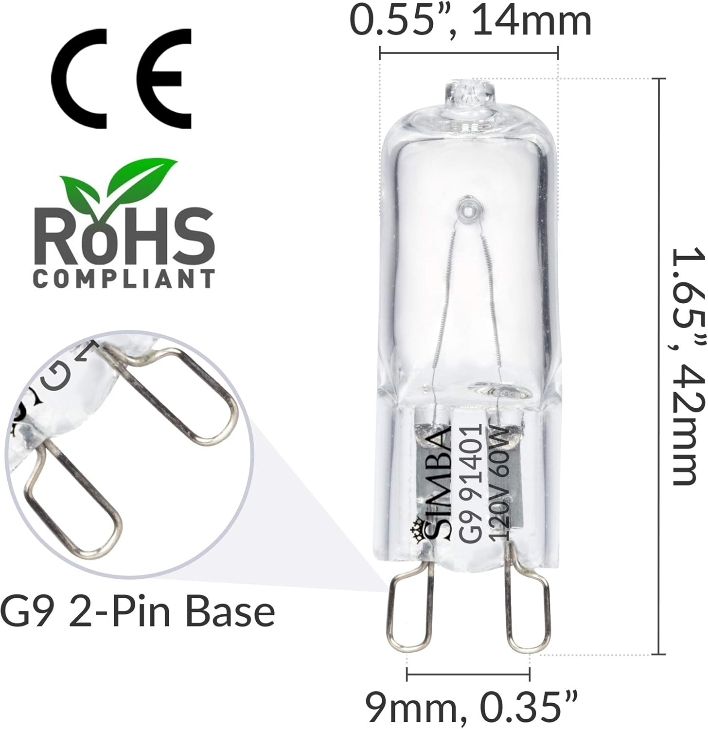 Simba Lighting Halogen Light Bulb G9 T4 60W JCD Bi-Pin (10 Pack) for Chandeliers, Pendants, Cabinet Lights, Landscape Lights, Desk and Floor Lamps, Wall Sconces, 120V Dimmable, 2700K Warm White