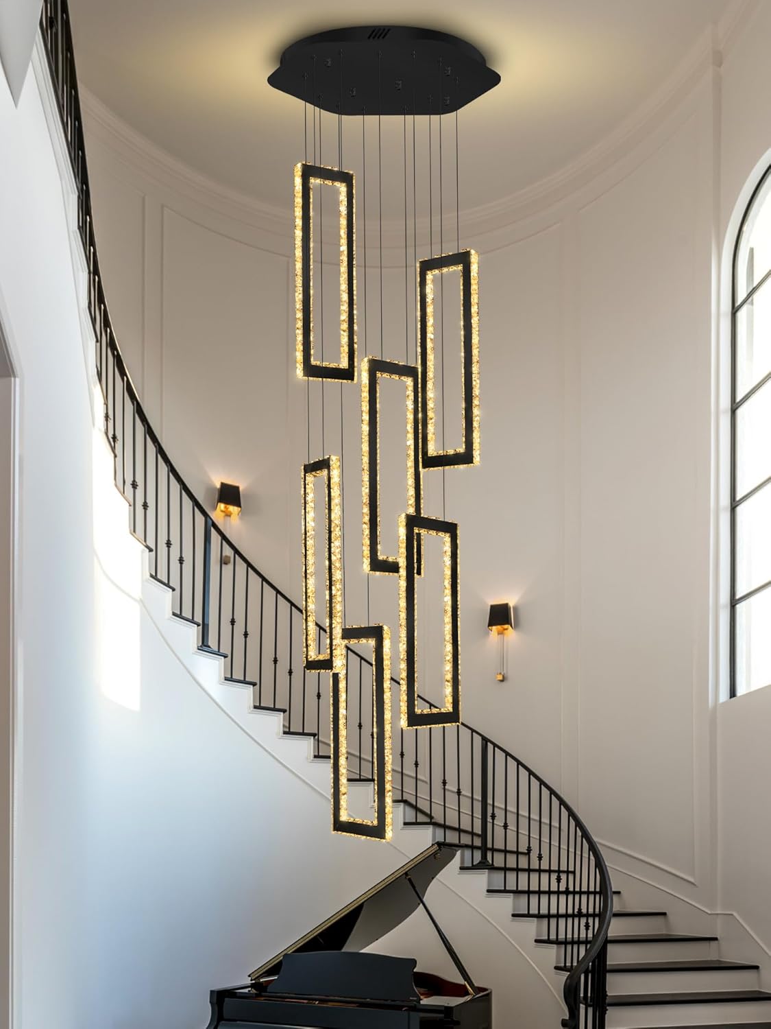 Modern Chandelier 6 Rings Black Chandeliers Lighting Fixture High Ceiling Chandelier Suitable for Living Room Staircase Villa Crystal Black 6 Rings