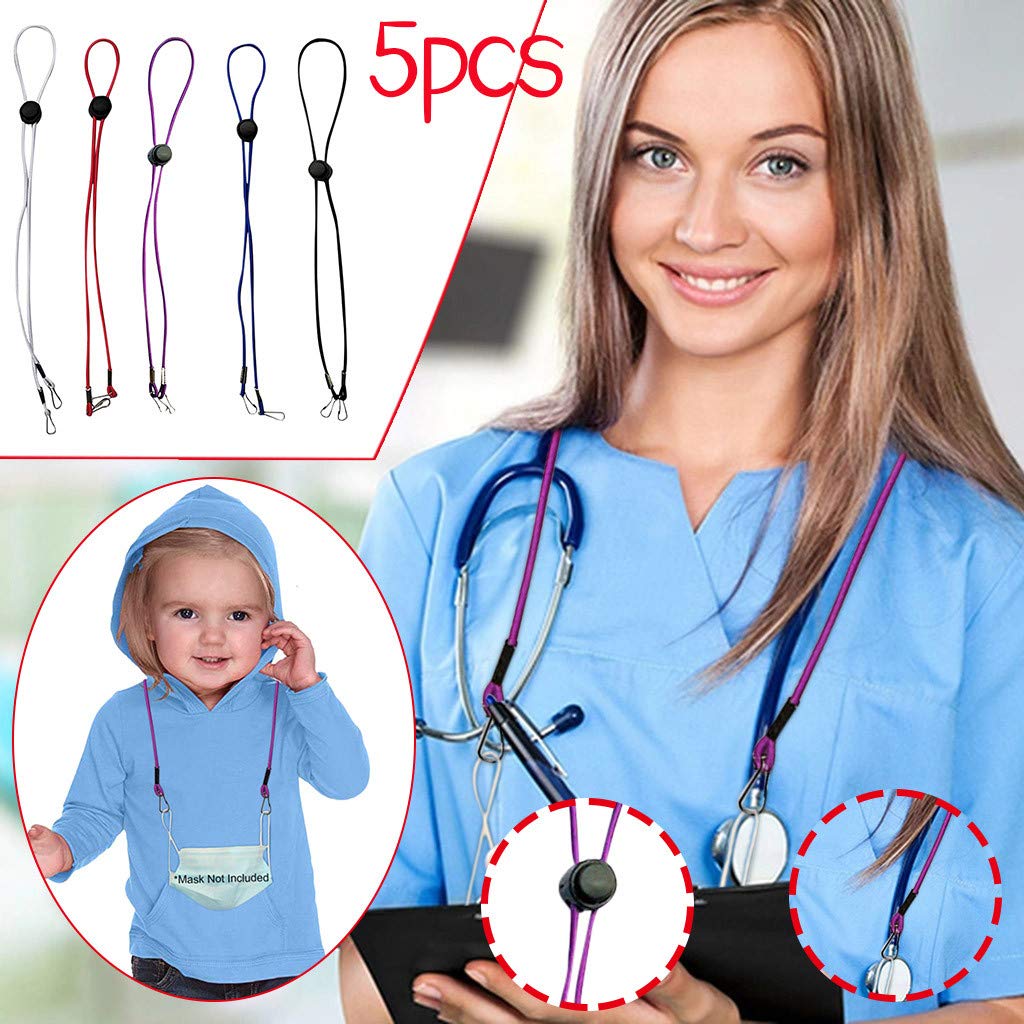 Adjustable Length Face Mask Lanyard (5 pack) - Face Cover Rest & Ear Saver (Multi-colour)